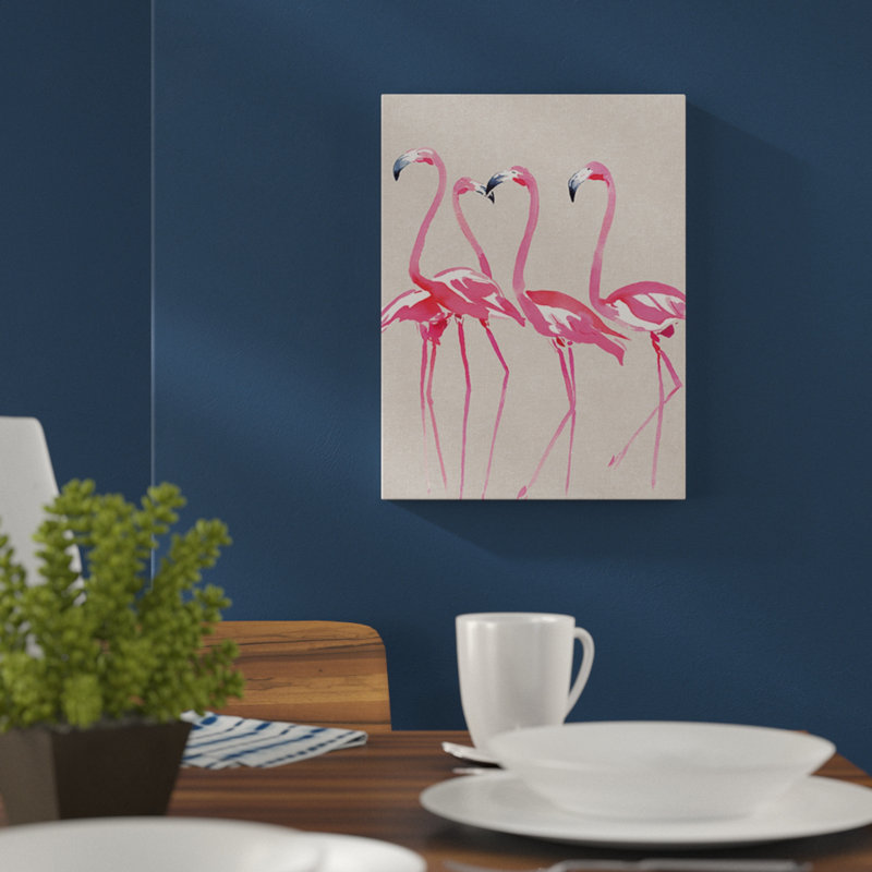 Elegant Flamingos by Summer Thornton - Painting, 40cm H x 30cm W, Yellow