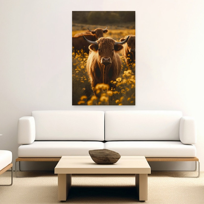 Golden Pasture Rustic Vintage Abstract Cow Sunflower Landscape Nature Wall Art Print 1 Piece Wrapped Canvas Wall Art