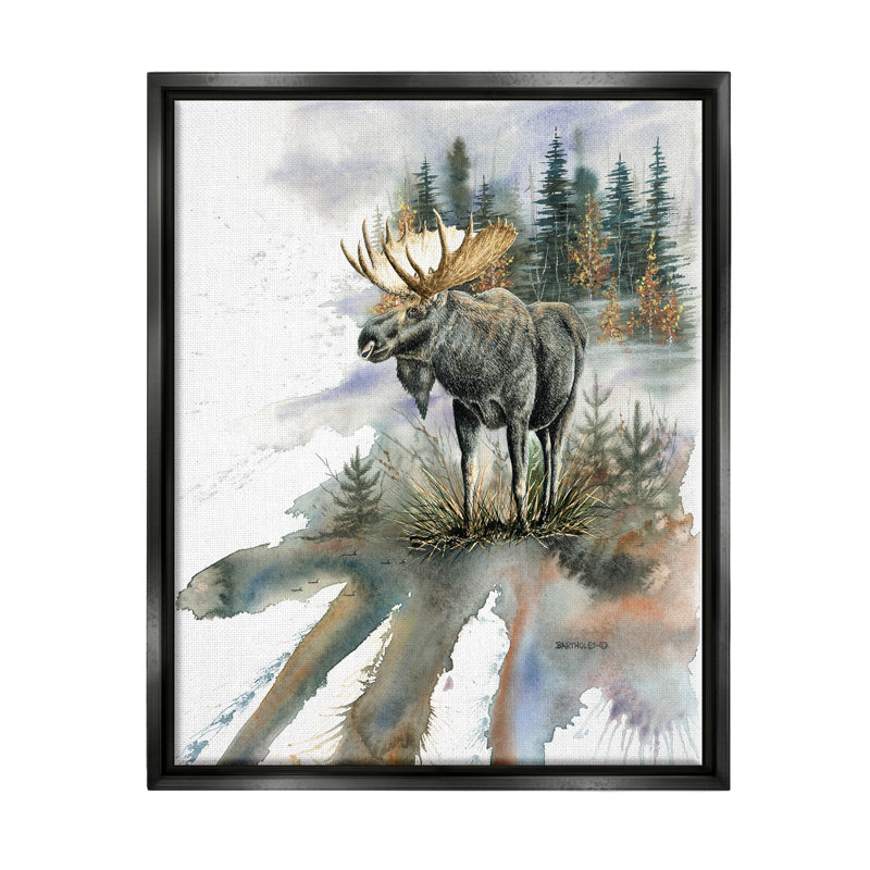 "Moose Distant Forest Arrangement", cadre flottant, impression sur toile, Cadre flottant noir de jais