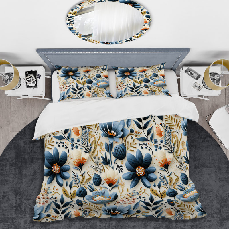 Ensemble de housse de couette à motif floral rétro bleu et orange, Housse de couette simple + 1 taie décorative stan