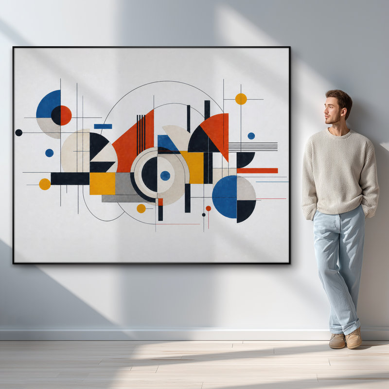 Très grand art mural imprimé sur tissu - formes de Bauhaus géométriques bleues - "Assemblage requis (cadre non fini)"