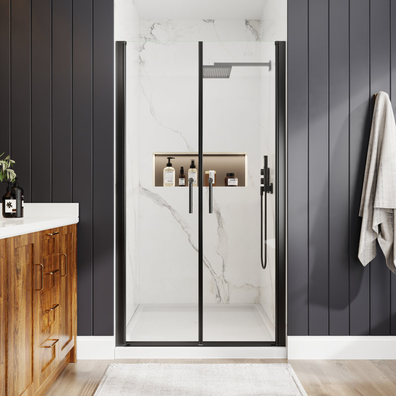 Porte de douche semi-sans cadre 40 po à 42 po x H 72 po avec porte battante double et 2 portes donnant sur un très grand espace de rangement en verre trempé de 1/4 po