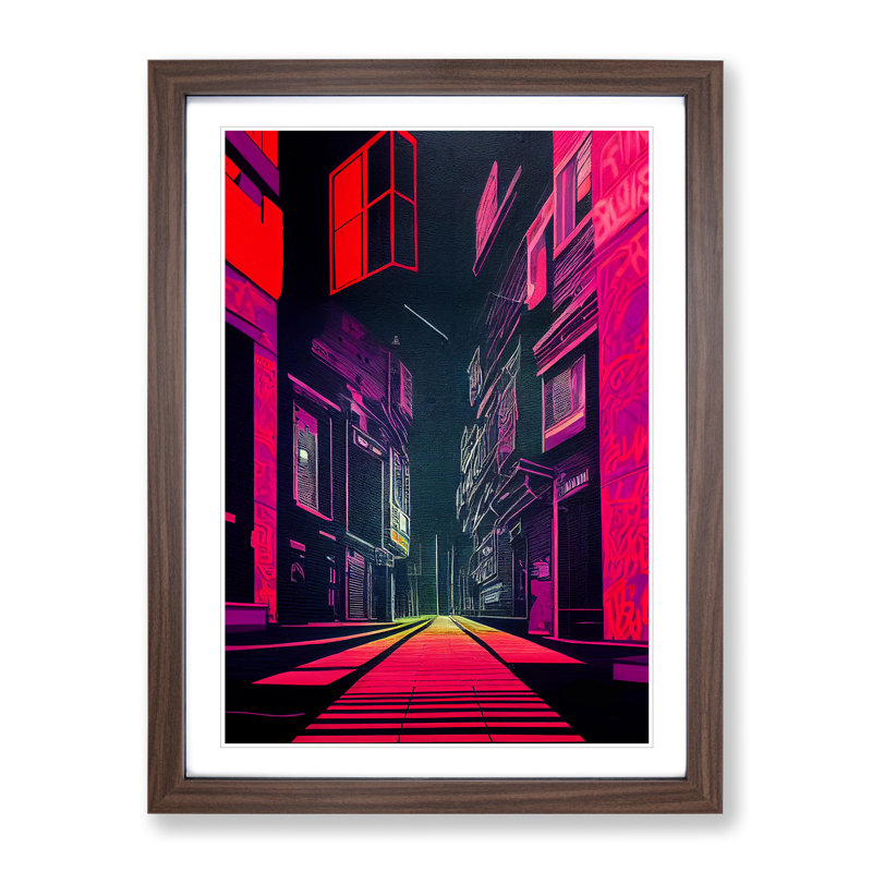 Neon City Architecture - Framed Print, 46cm H x 34cm W x 2cm D, Walnut