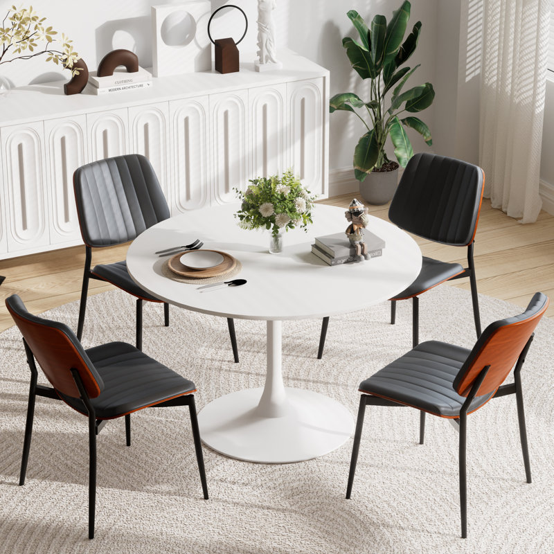 Ensemble de table de salle à manger 42,1 po avec 4 chaises modernes, Blanc / Blanc, Noir, noir, noir, noir