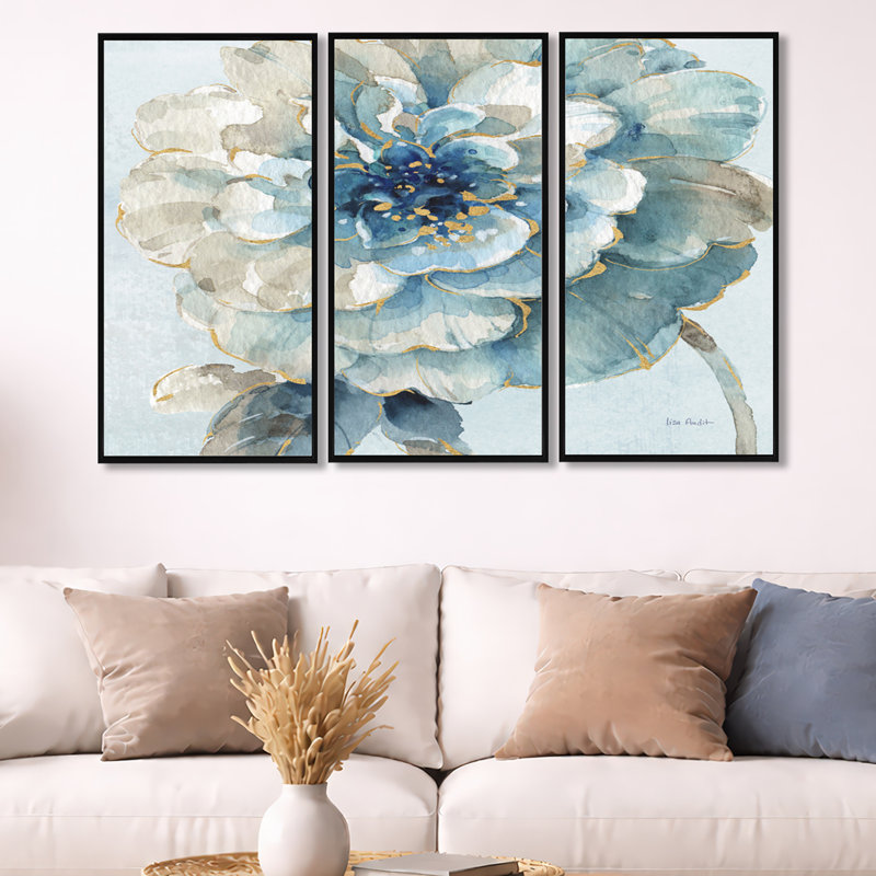 Indigold Watercolor Flower II - ensemble d'art mural sur toile encadré traditionnel de 3, 32" H x 48" W x 1" D, Cadre noir