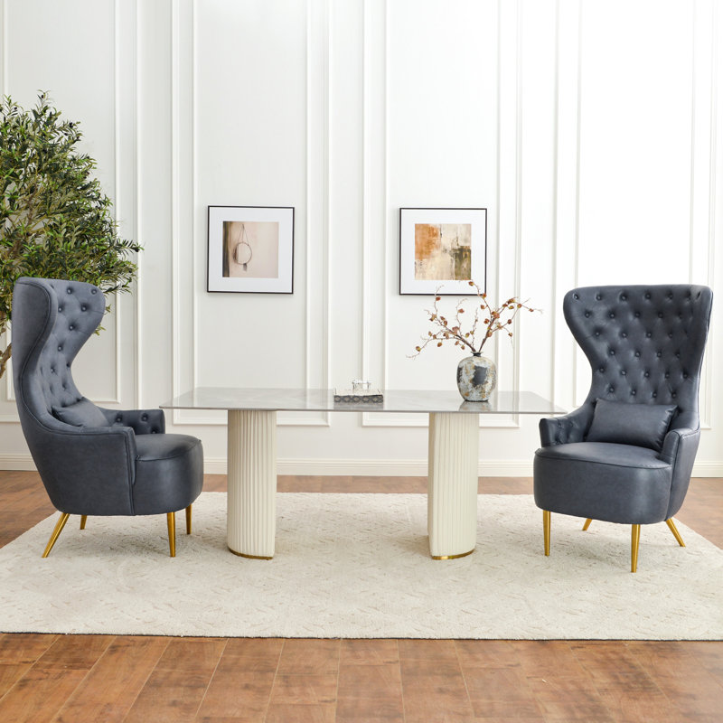 Fauteuil à oreilles Flaxville, Similicuir bleu marine