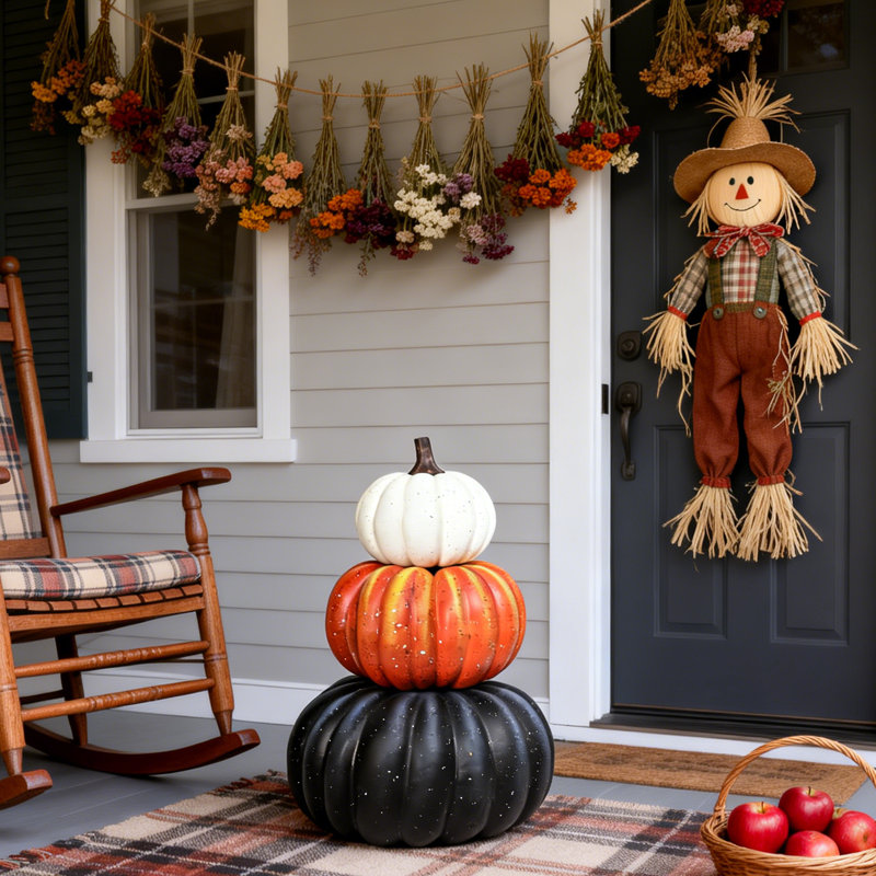 Statue de citrouille à trois niveaux, 56 cm, en mousse noire, orange et blanche, idéale pour la décoration d'automne et de récolte. Ornement extérieur imperméable pour l'Action de grâce, parfait pour une maison de campagne ou une décoration de Noël automnale.