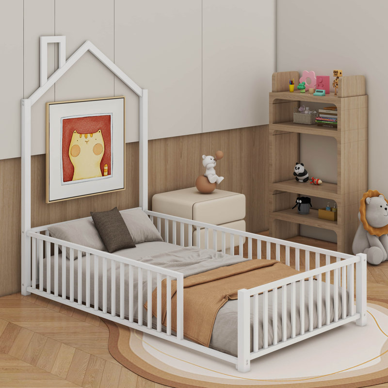 Metal House Platform Bed With Guardrail, Twin, White