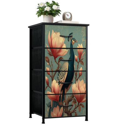 Commode pour chambre à coucher avec 4 tiroirs de rangement Peacock perché parmi les commodes de style rétro Magnolias Commode en tissu avec cadre en acier pour vestibule