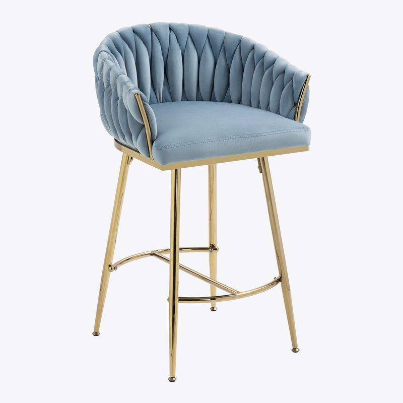 Ensemble de 2 tabourets de bar 26 po à hauteur de comptoir avec dossier ondulé à la main, base chromée dorée et repose-pieds (bleu)