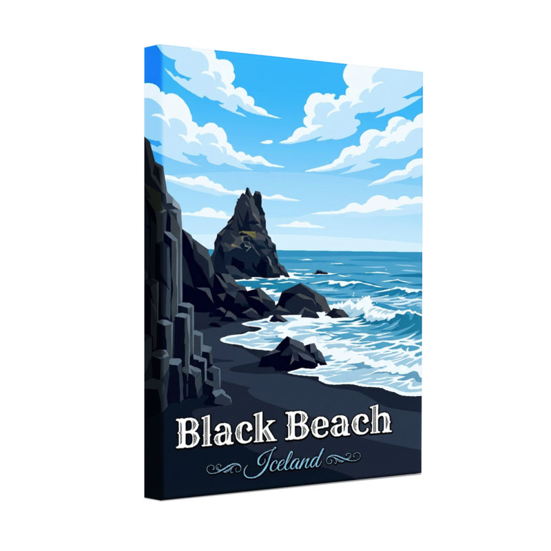 Paysages pittoresques et urbains, plage noire, Islande, océan, vagues, roches, ciel, nuages, H 24 po x l 36 po, Toile tendue