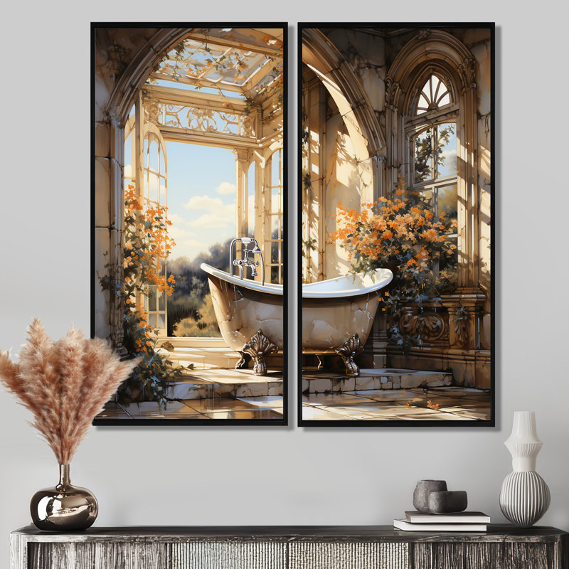 Bathroom Golden Luxe I - Blue, art traditionnel sur toile, 32" H x 32" W, Framed Print without Mat, Black
