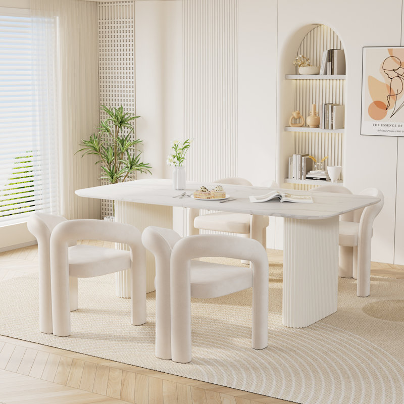 White Marble Top Double Pedestal Dining Table Set, 5, Beige