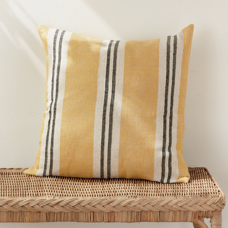 Finn Linen Throw Square Pillow Cover & Insert, Ochre/Charcoal Striped 1, Square 24" x 24"