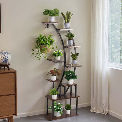 Support pour plante d'intérieur avec lumières de croissance, tablette de plante lumineuse à 9 niveaux de 63 po de haut, support de plantes d'angle en métal, 3 minuteries et 10 lumières, support à fleurs en forme de courbe pour le décor du balcon du