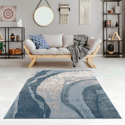 5'3"W x 7'L Abstract Wave Area Rug - Blue Pattern, Non-Slip Latex Back