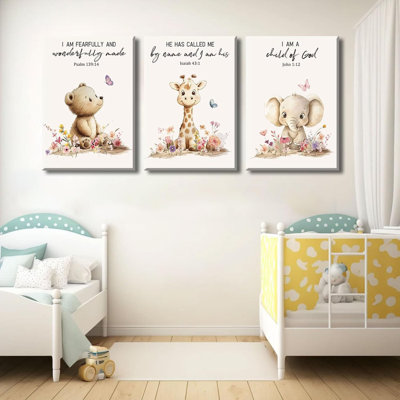 3Pcs Nursery Animal Bible Verse Canvas Wall Art Cute Bear Elephant Giraffe Wall Decor Pictures Christian Baby Nursery Posters Prints For Kids Boys Girls Room Home Decoration 12X16in