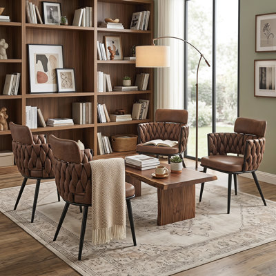 Mid Century Modern Woven Accent Chair Faux Leather Armchair with Metal Base - Upholstered Side Chair with Backrest & Black Metal Legs for Kitchen Island, Living Room & Cafe