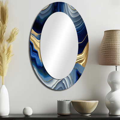 Vibrant bleu et or Flow Art I - Miroir mural moderne ovale