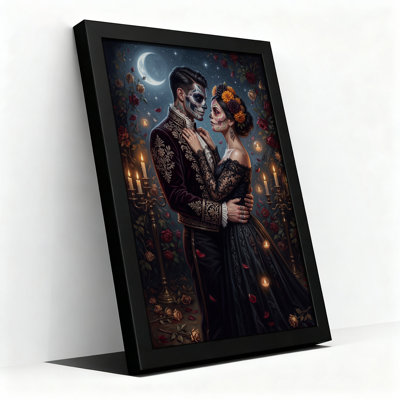 Sugar Skull Couple Embracing in Candlelit Roses Halloween Canvas Wall Art