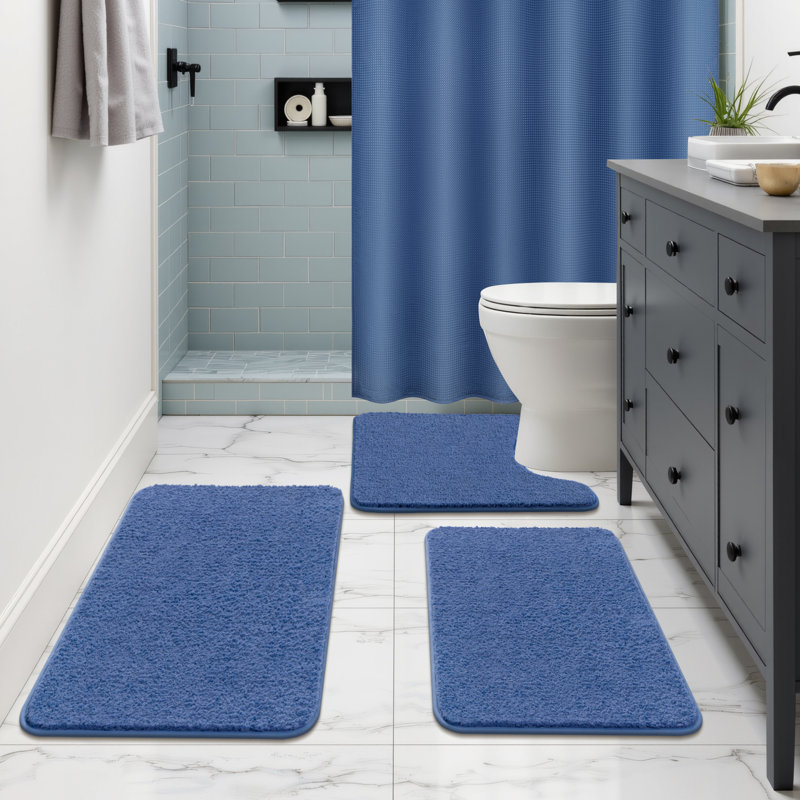 Ensemble de rideau de douche avec tapis, Bleu