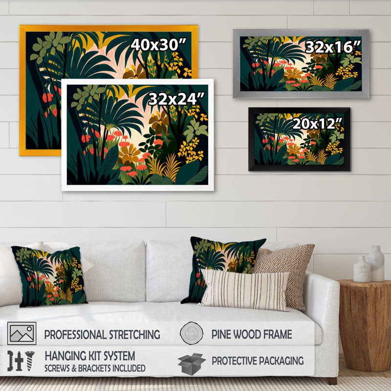 «Blossoming and Vibrant Jungle Flora I», reproduction sur toile, Cadre simple noir, H 12 po x l 20 po x P 1 po