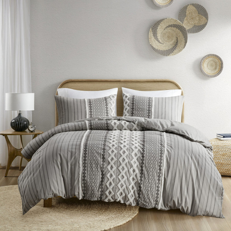 Housse de couette en chenille multicolore - Chambre avec literie en coton à motif géométrique, Gris