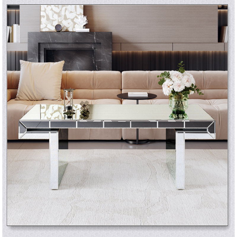 Table basse à miroir rectangulaire de luxe 47 pouces avec verre trempé cannelé, table d'appoint moderne pour canapé, assemblage facile en 2 étapes, style luxueux léger, emballage renforcé