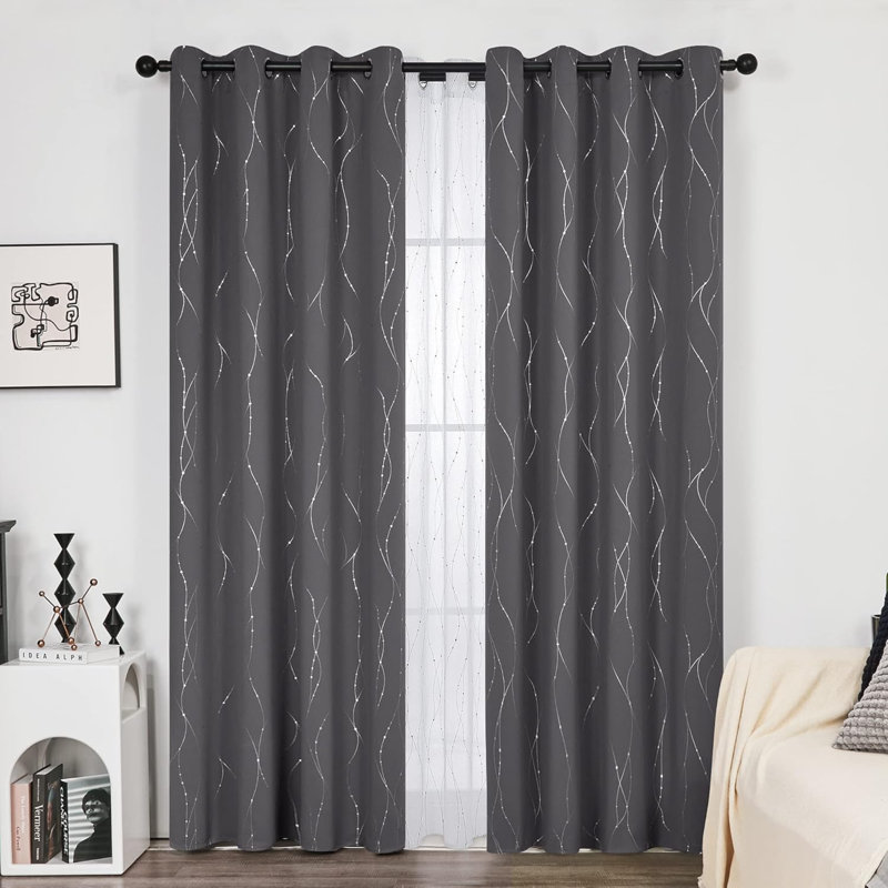 Rideaux occultant à motif argenté avec œillets, branche d'arbre argentée, 84 L, Gris, L 52 po x L 84 po