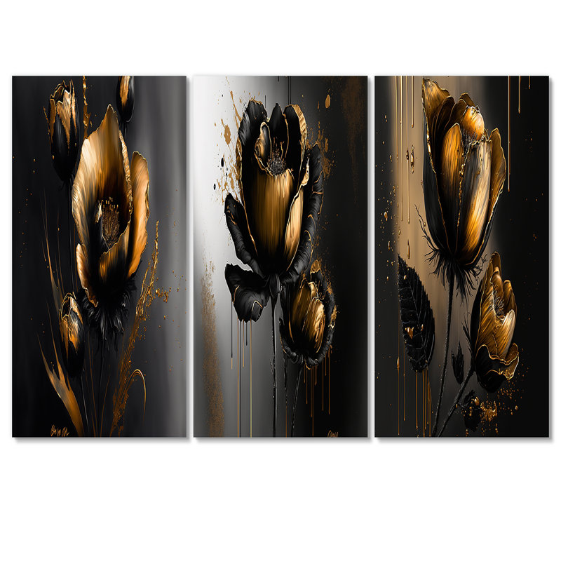 Motif floral noir et doré I 3 pièces, H 32 po x l 48 po x P 1 po