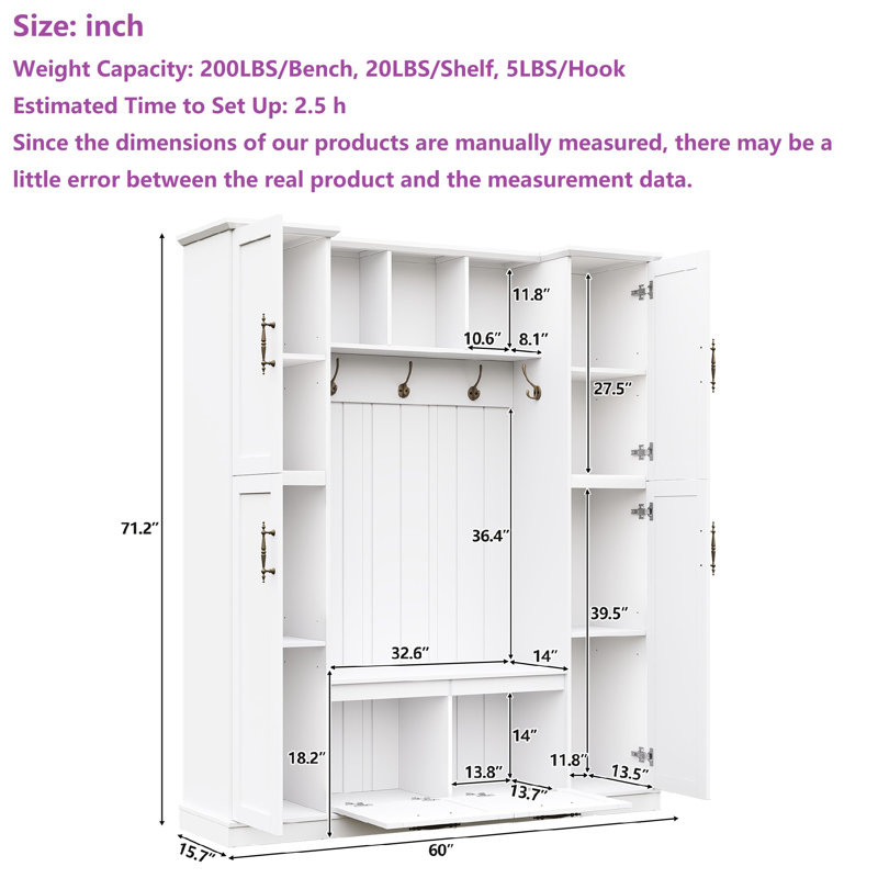 Elegant Design, Hall Tree With Open Storage & Bench For Entryway, White