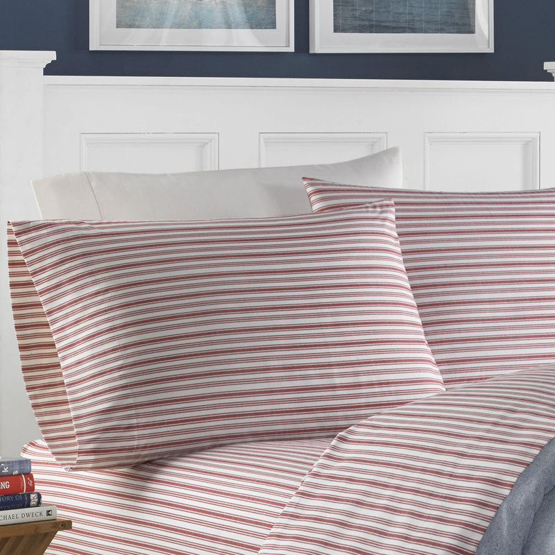 Twin White and Red Cotton Percale Sheet Set