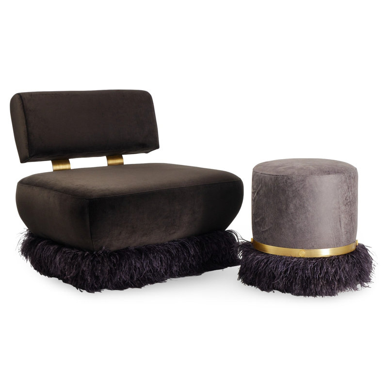 Leather Ostrich Fluff Pouf, Charcoal/Black