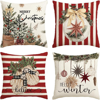 Merry Christmas Balls Eucalyptus Holly Berries Gloves Throw Pillow Covers, 18 X 18 Inch Xmas Winter Holiday Red Stripes Cushion Case Decoration For Sofa Couch Set Of 4