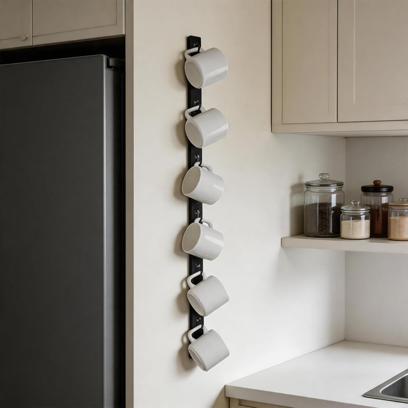 Wall Mounted Coffee Cup Holder - Slim Design Mug Rack with 6 Hooks | Coffee Mug Wall Rack,Space-Saving Organizer- Holds Multiple Cups,Versatile Display