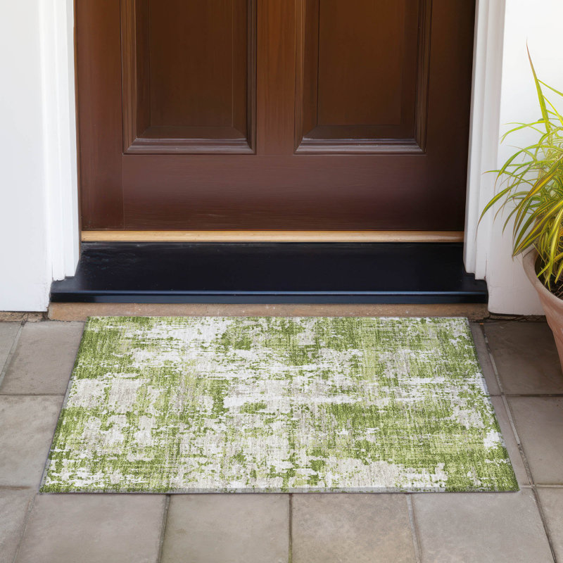 Green Abstract Synthetic Machine Washable Rectangular Rug 1'8" x 2'6"