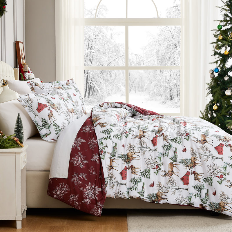 White Christmas Oversized Reversible Holiday Bedding Duvet Cover Set with shams, Twin Duvet Cover + 1 Standard Pillow Sham