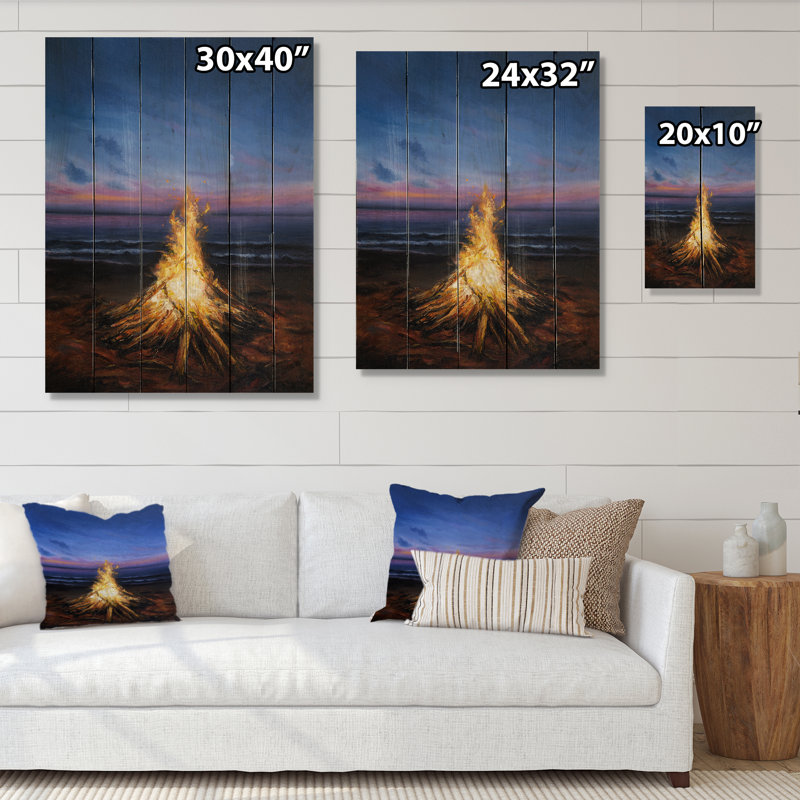 «Campfire on Sunset», impression sur bois sans cadre, H 40 po x l 30 po x P 1 po