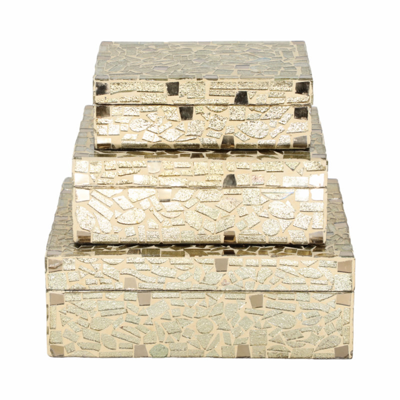 Elegant Mosaic Boxes, Champagne - 6 and 7 and 9 Inches, Sturdy Wood with Non-Woven Fabric