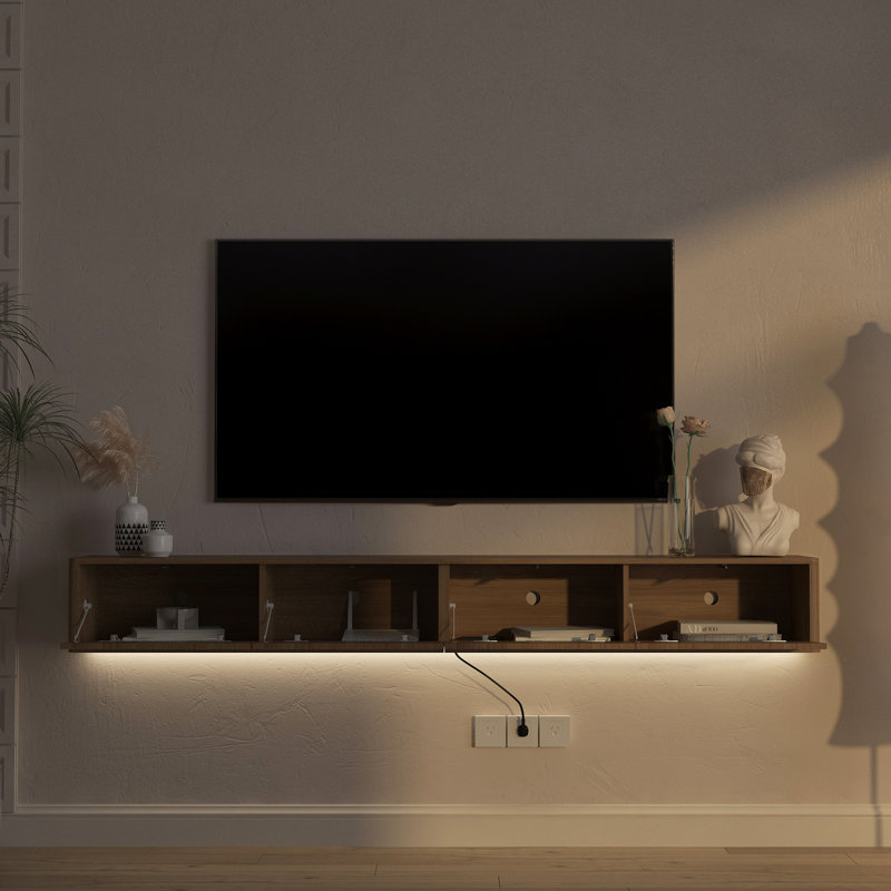 78.7" Wall Mounted TV For Tvs Up To 85'', Floating TV Stand With LED Lights & Power Outlet, White, 9.8" H x 78.7" W x 11.8" D