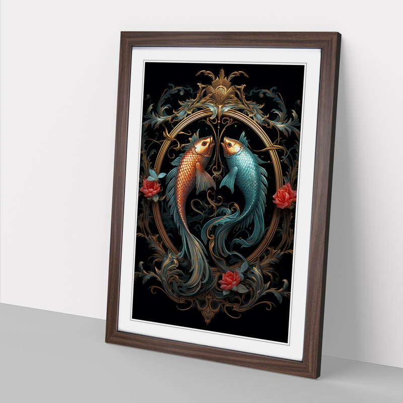 Pisces Fish Zodiac Victorian - Single Picture Frame Print on Wood, Walnut Framed, 64cm H x 46cm W