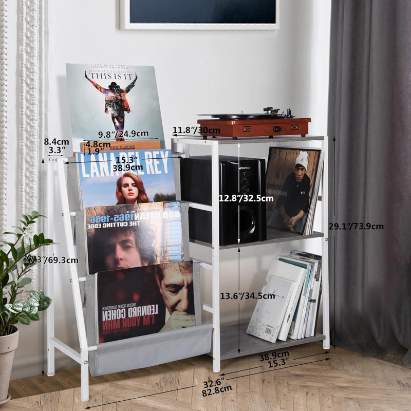 Support à 3 niveaux pour tourne-disque avec présentoir et tablette de rangement latérale, armoire de rangement multifonctionnelle pour tourne-disque et organisation multimédia