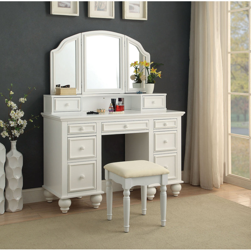 Ensemble coiffeuse avec miroir Oldana, Blanc