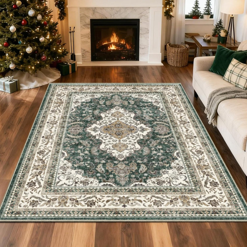 Green Ivory Persian Floral 5 x 7 Ft Area Rug for Dining Room Entryway