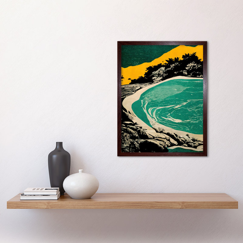 Beach Lagoon Abstract Marbled Seascape - Print, Brown Framed Paper, 43cm H x 33cm W x 2cm D
