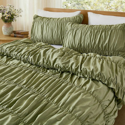 Boho King Duvet Cover 100% Cotton,Ruched Bedding Comforter Cover Set,Avocado Green Pure Cotton Wrinkle Duvet Cover King,Bohemian Dorm Bedding Set 3 Pcs with 2 Pillowcases