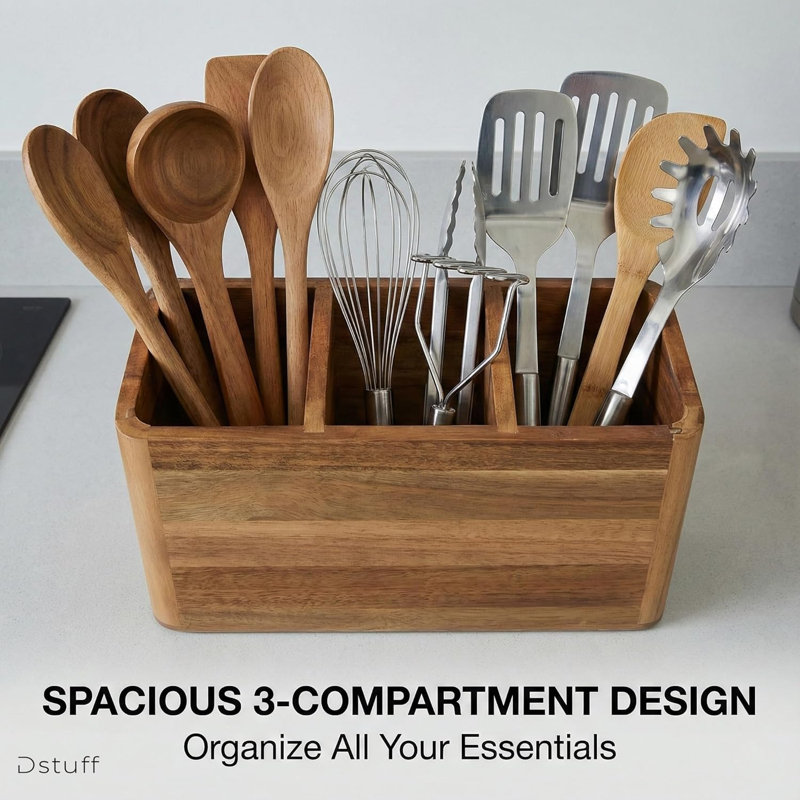 Grand porte-ustensiles de cuisine pour comptoir ou comptoir, grand porte-ustensiles en bois pour la cuisine de rangement et l'argenterie avec 3 compartiments, contenant en bois d'acacia rustique très grand