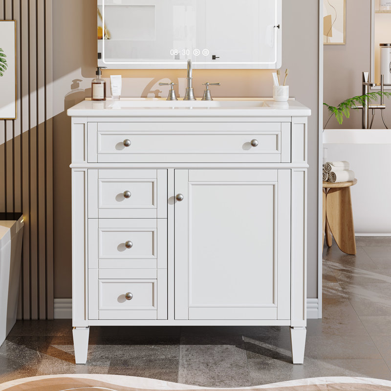 30'' White Modern Bathroom Vanity With Sink, Spacious Storage, White, 30"