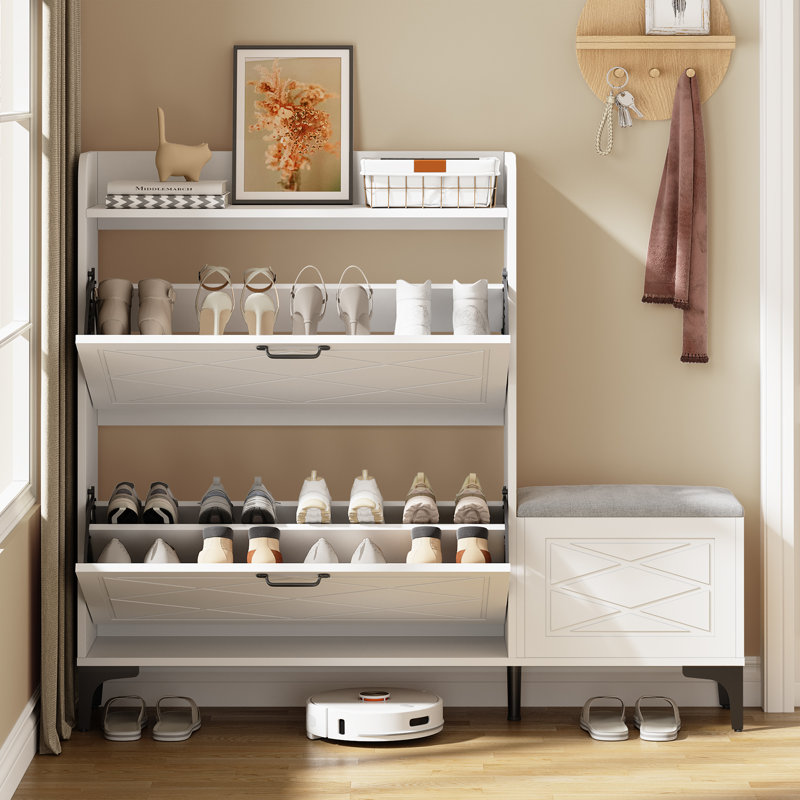 24 Pairs Shoe Storage Cabinet with Cushion Bench and Adjustable Flip Storage Cabinet, White