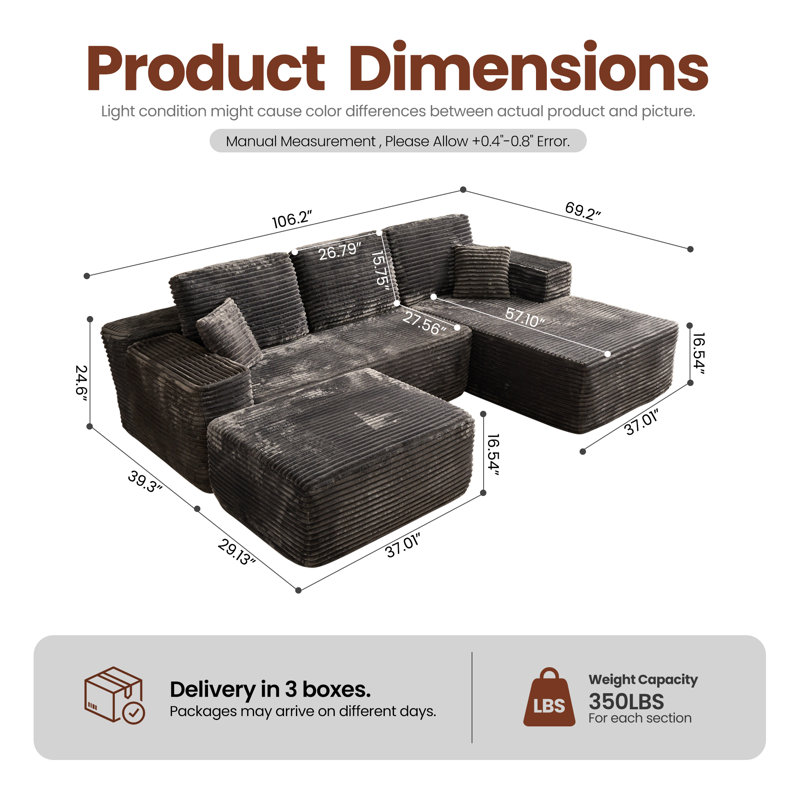 Canapé modulaire en forme de L avec repose-pieds 106 po 106 po, Gris moelleux, Orienté à droite